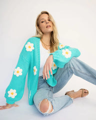 Blue Sunflower Open Front Cardigan