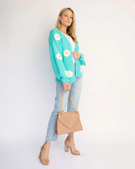 Blue Sunflower Open Front Cardigan