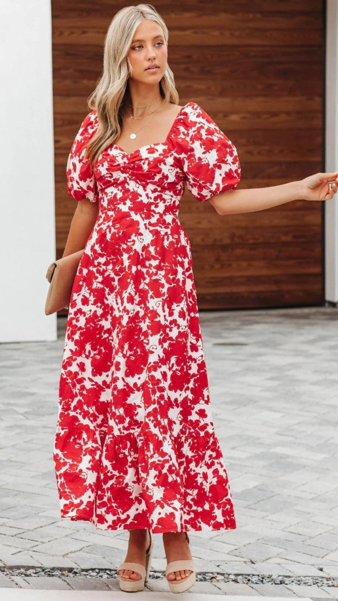 Red Floral Puff Sleeves Midi Dress – Groovy Mimi