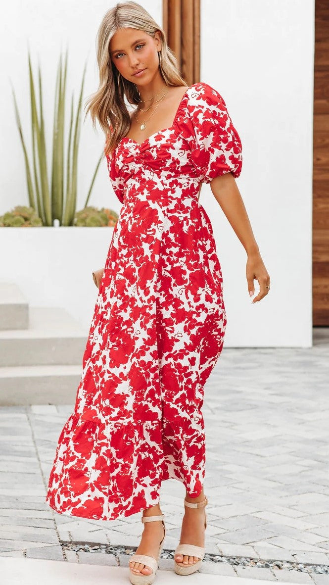 Red Floral Puff Sleeves Midi Dress – Groovy Mimi