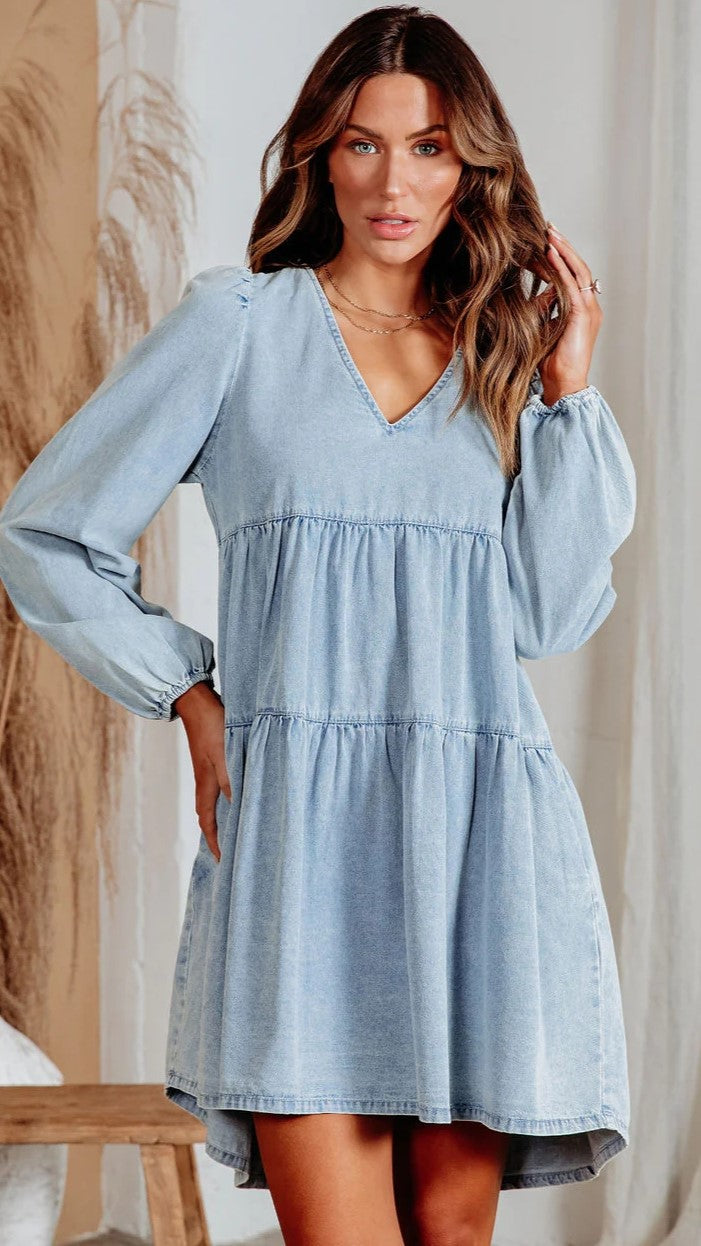 Blue Long Sleeves Denim Mini Dress – Groovy Mimi