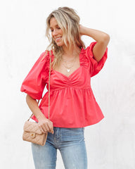 Red Puff Sleeves Peplum Top