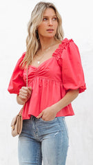 Red Puff Sleeves Peplum Top