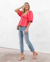 Red Puff Sleeves Peplum Top