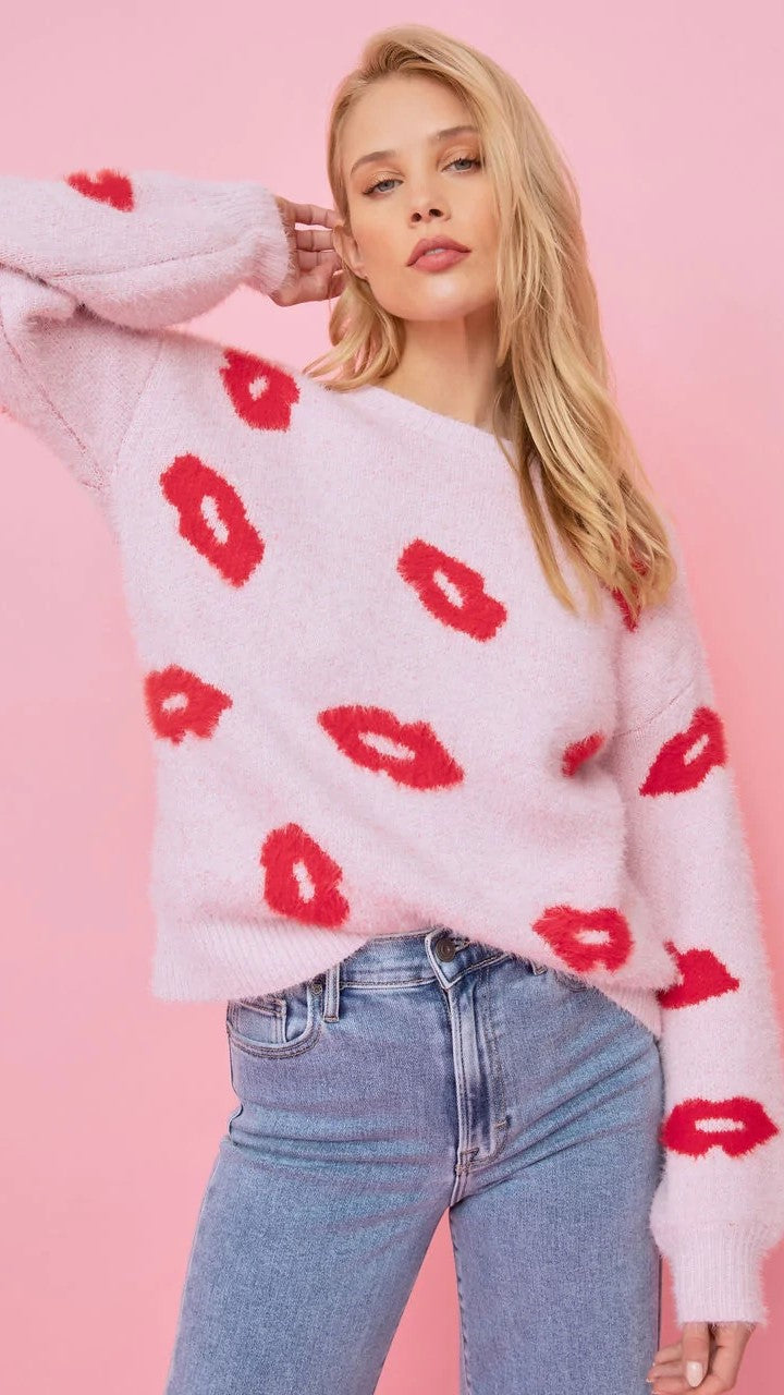Red Lips Print Knit Sweater