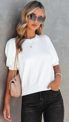 White Puff Sleeves Knit Top