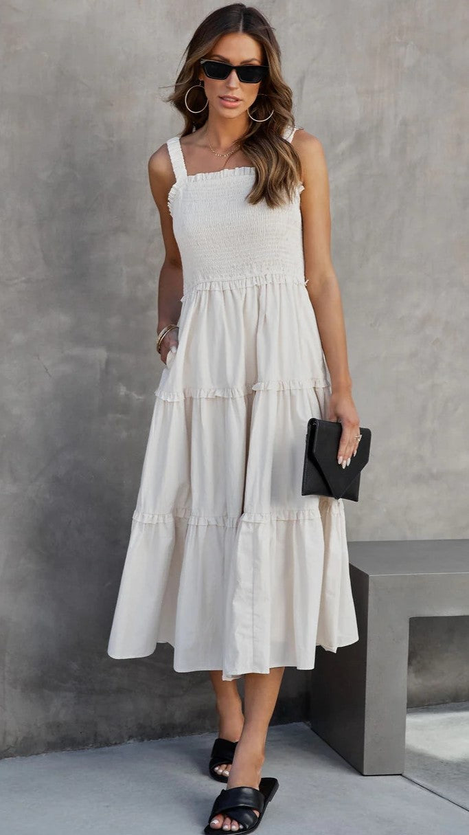Beige Tiered Midi Dress