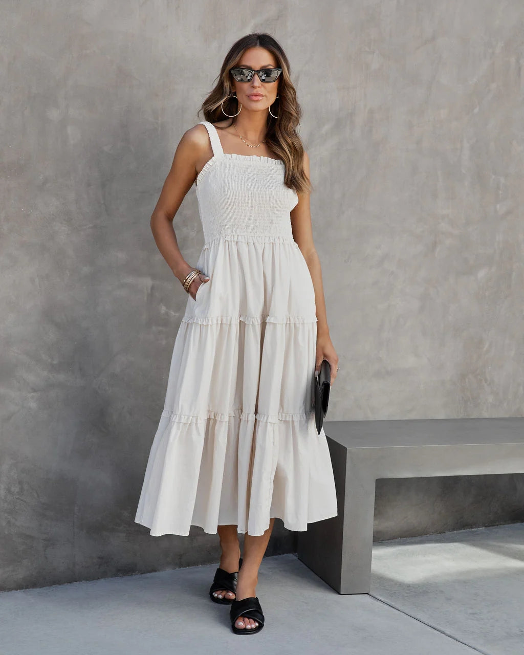 Beige Tiered Midi Dress