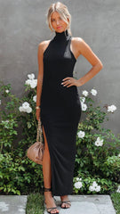 Black Halter Knit Midi Dress
