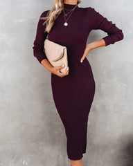 Burgundy Ribbed Knit Midi Dress
