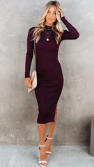 Burgundy Ribbed Knit Midi Dress