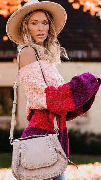Pink Colorblocked Off Shoulder Sweater