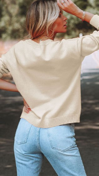 Beige Smiley Face Print Knit Sweater