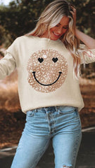 Beige Smiley Face Print Knit Sweater