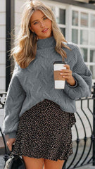 Grey Cable Knit High Neck Sweater