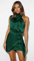 Green Waist Tie Satin Mini Dress
