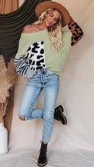 Green Color Block Knit Sweater