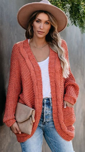 Orange Batwing Cable Knit Cardigan