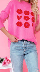 Hot Pink Lips Print Knit Sweater