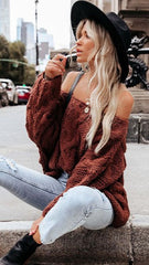 Brown Off Shoulder Cable Knit Sweater
