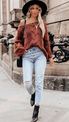 Brown Off Shoulder Cable Knit Sweater