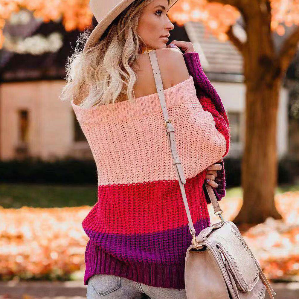 Pink Colorblocked Off Shoulder Sweater