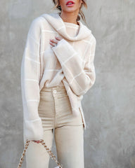 Beige Plaid Turtleneck Knit Sweater