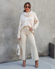 Beige Plaid Turtleneck Knit Sweater
