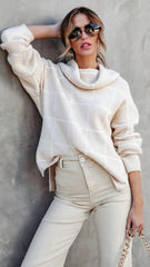 Beige Plaid Turtleneck Knit Sweater