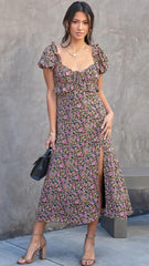 Black Floral Short Sleeves Midi Dress