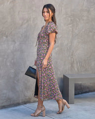Black Floral Short Sleeves Midi Dress