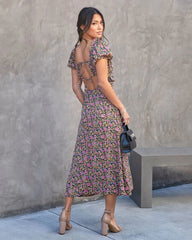 Black Floral Short Sleeves Midi Dress