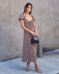 Black Floral Short Sleeves Midi Dress