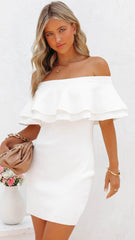 White Flounced Off Shoulder Dress