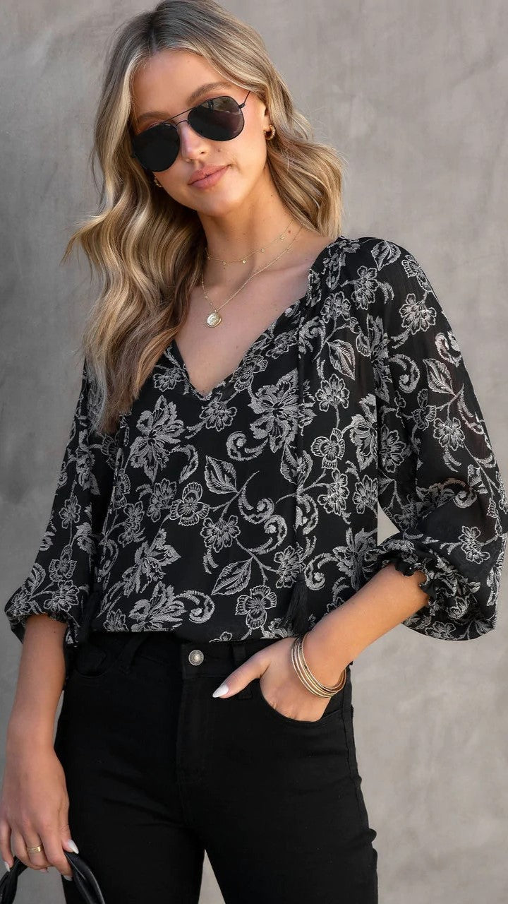 Black Floral Silhouette Blouse