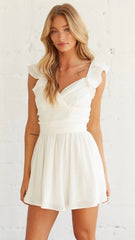 White Surplice Neckline Pleated Mini Dress