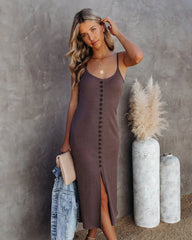 Brown Buttoned Knit Midi Dress