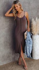 Brown Buttoned Knit Midi Dress