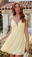 Yellow Shoulder Tie Mini Dress