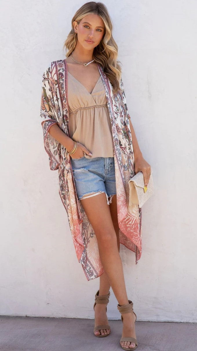 Tribal Floral Beach Coverup Kimono