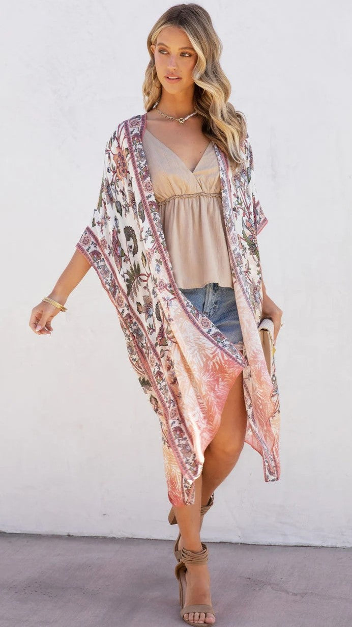 Tribal Floral Beach Coverup Kimono