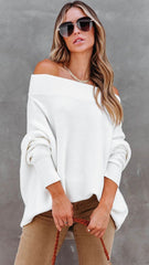 White Boat Neckline Knit Sweater