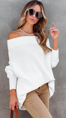 White Boat Neckline Knit Sweater