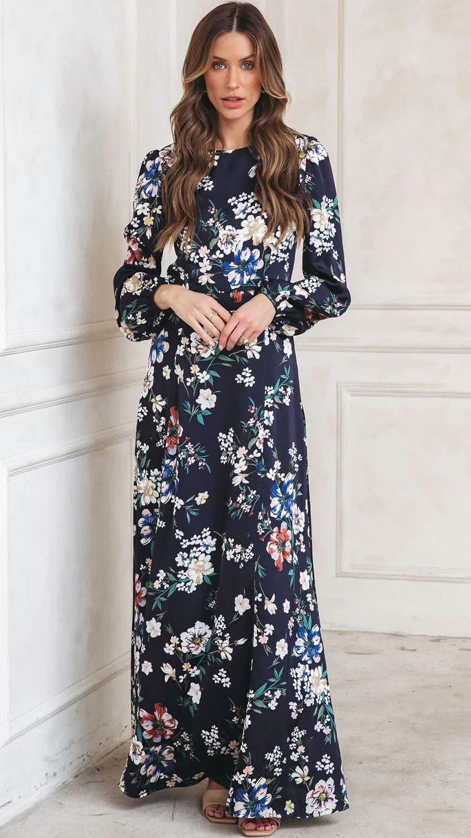 Navy Floral Long Sleeves Maxi Dress