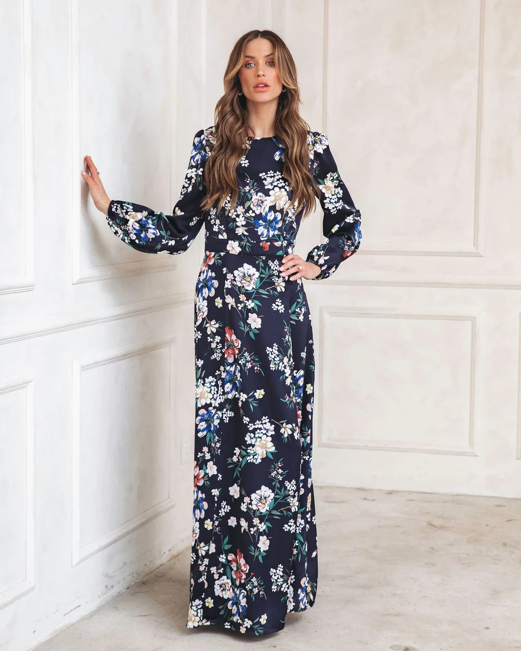 Navy Floral Long Sleeves Maxi Dress