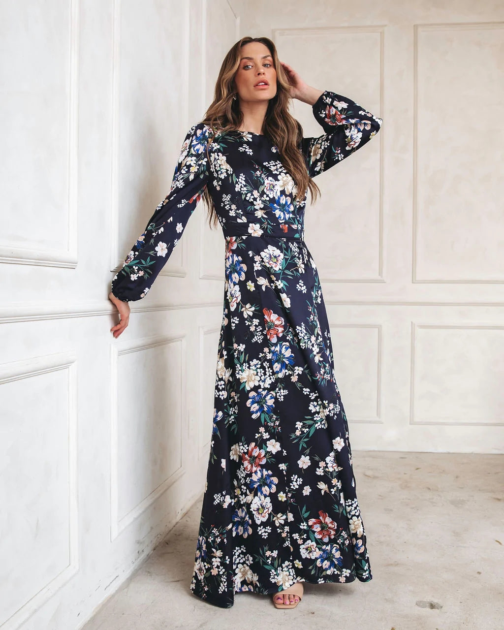 Navy Floral Long Sleeves Maxi Dress