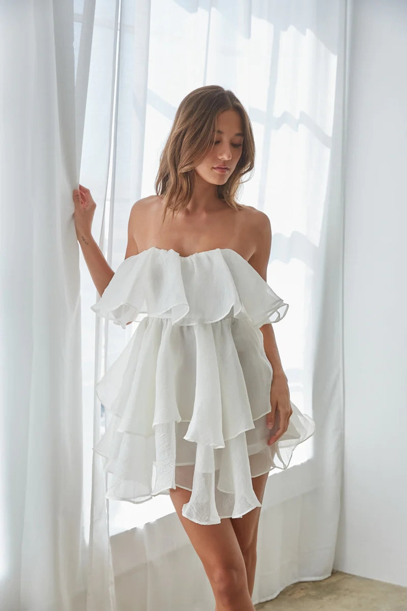 White Strapless Tiered Mini Dress