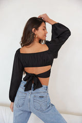 Black Long Sleeves Bowknot Crop Top