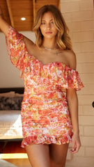 Orange Floral Off Shoulder Mini Dress