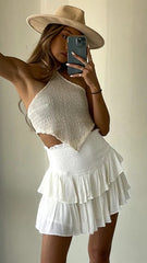 White Solid Ruffle Mini Skort